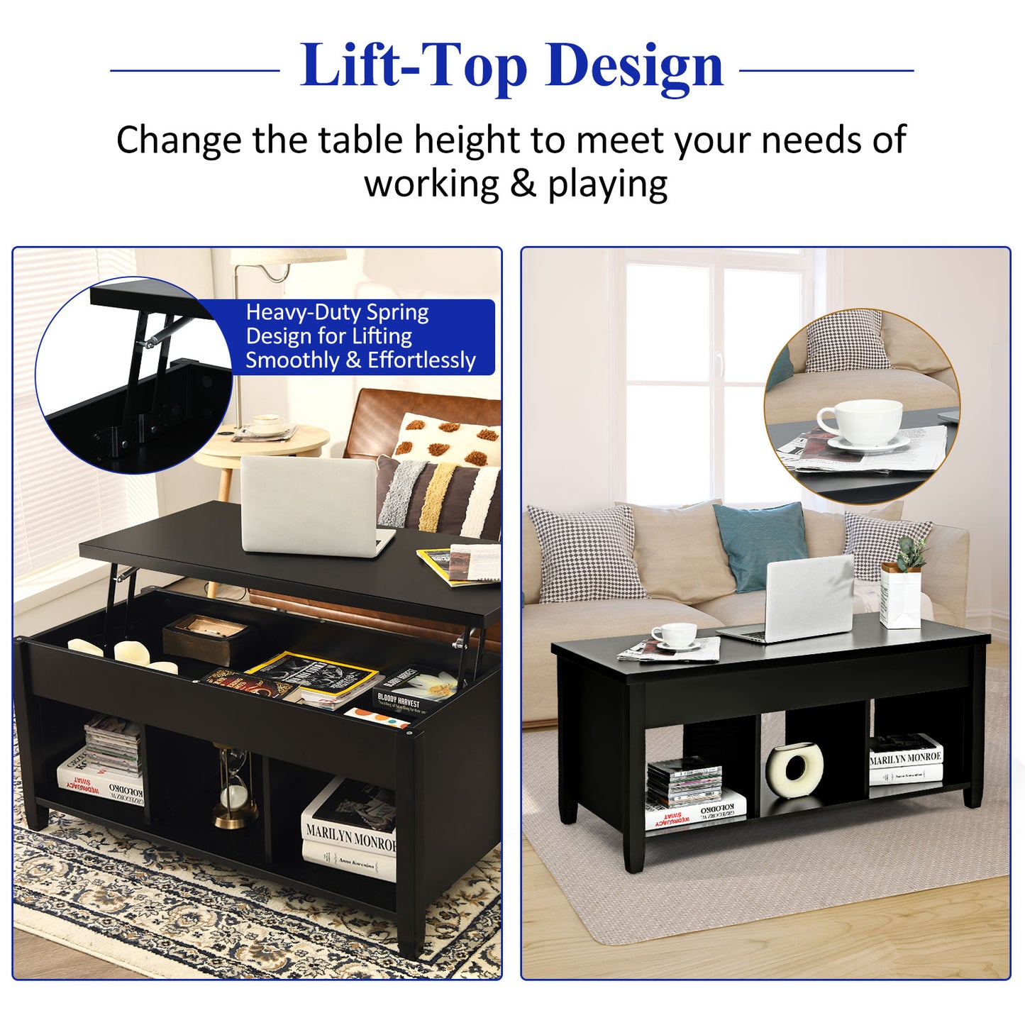 Adjustable Lift Top Coffee Table with Storage Shelves and Hidden Compartment - Black