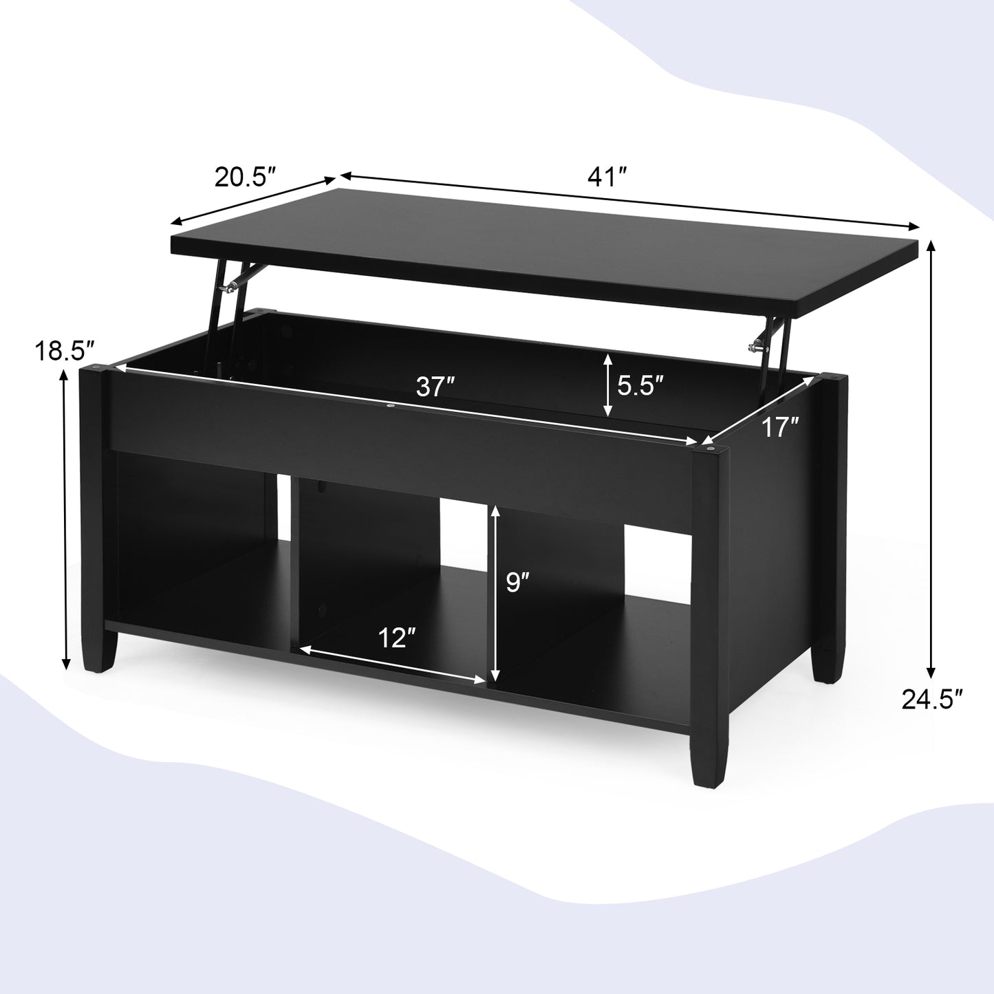 Adjustable Lift Top Coffee Table with Storage Shelves and Hidden Compartment - Black