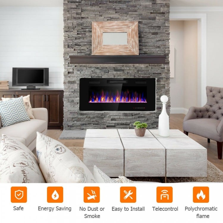 42 Inch Recessed Ultra Thin Electric Fireplace with Timer & Adjustable Heat