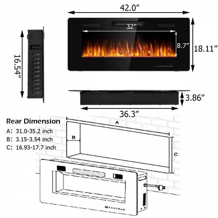 42 Inch Recessed Ultra Thin Electric Fireplace with Timer & Adjustable Heat