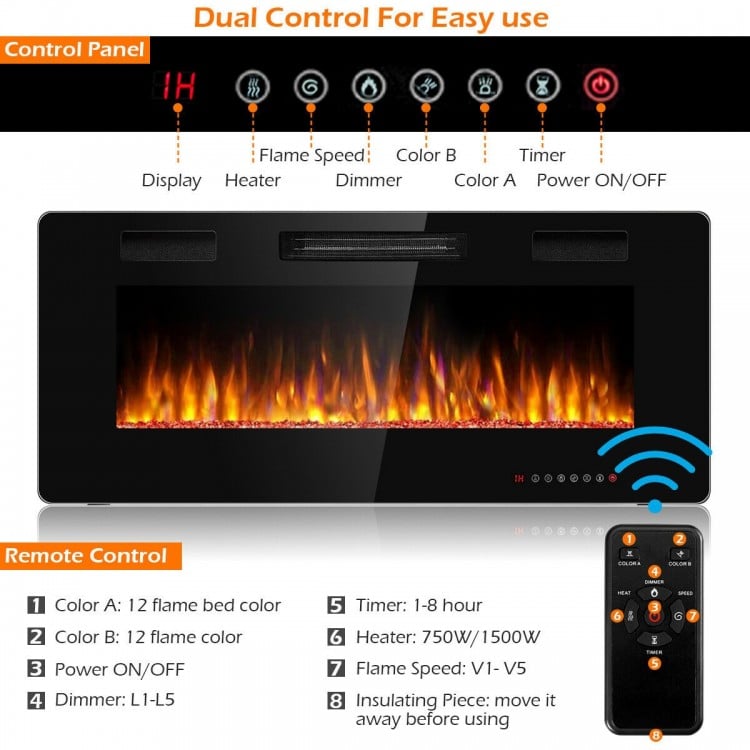 42 Inch Recessed Ultra Thin Electric Fireplace with Timer & Adjustable Heat