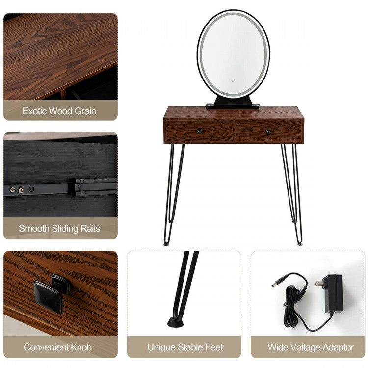 Industrial Vanity Makeup Table with LED Light & 3 Adjustable Color Modes – Walnut