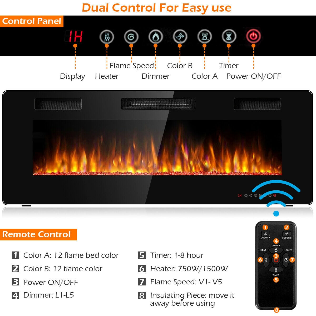 50 Inch Ultra Slim Recessed Electric Fireplace with Adjustable Timer