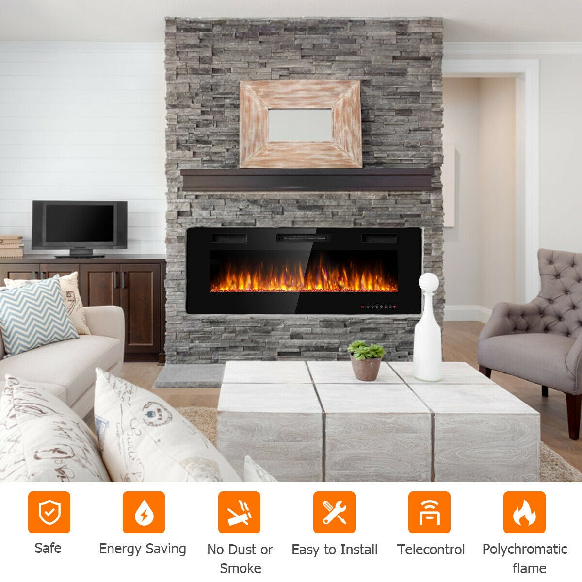 50 Inch Ultra Slim Recessed Electric Fireplace with Adjustable Timer
