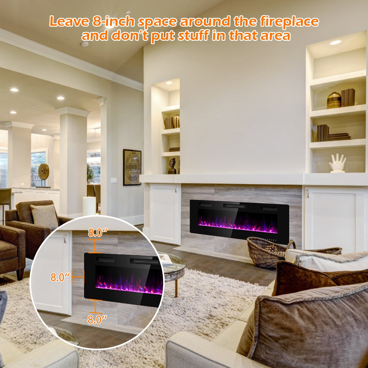 50 Inch Ultra Slim Recessed Electric Fireplace with Adjustable Timer