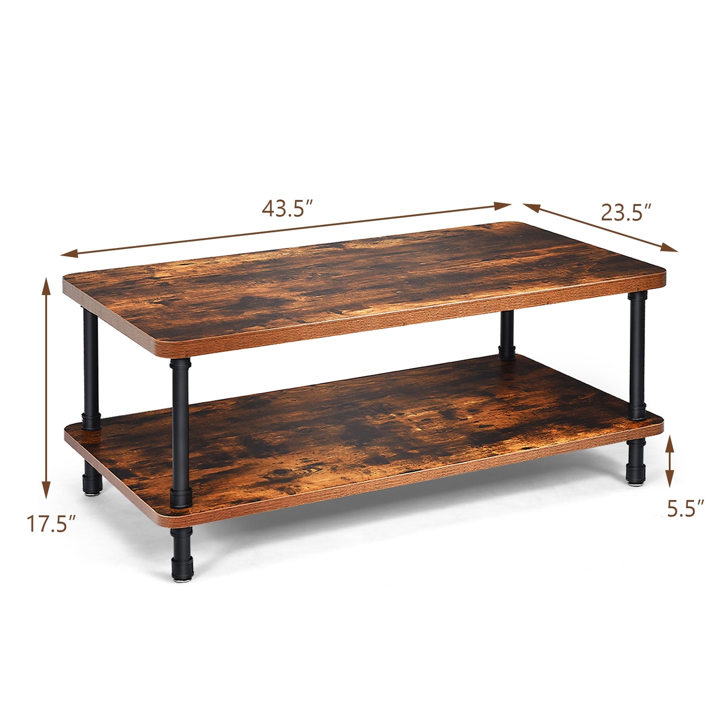 Vintage Style Coffee Table with Metal Frame and Two Storage Levels