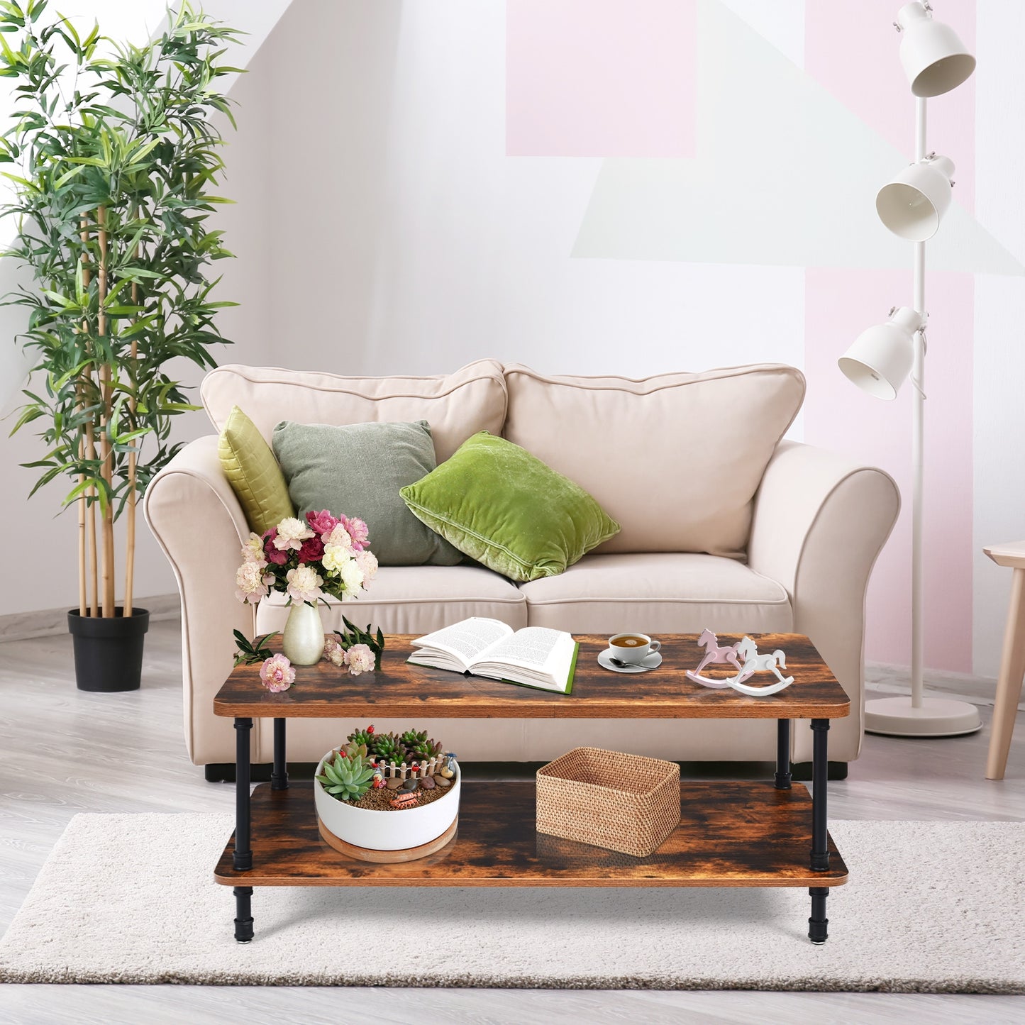 Vintage Style Coffee Table with Metal Frame and Two Storage Levels