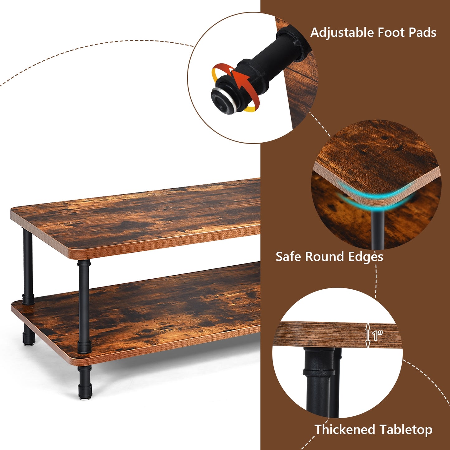 Vintage Style Coffee Table with Metal Frame and Two Storage Levels