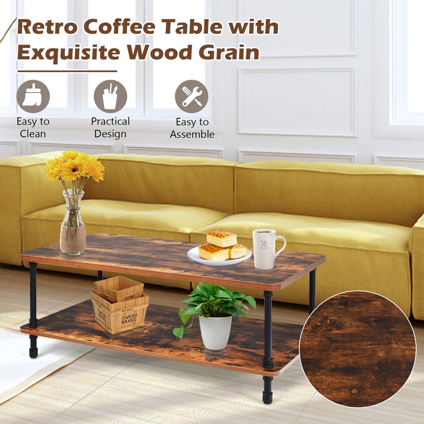 Vintage Style Coffee Table with Metal Frame and Two Storage Levels