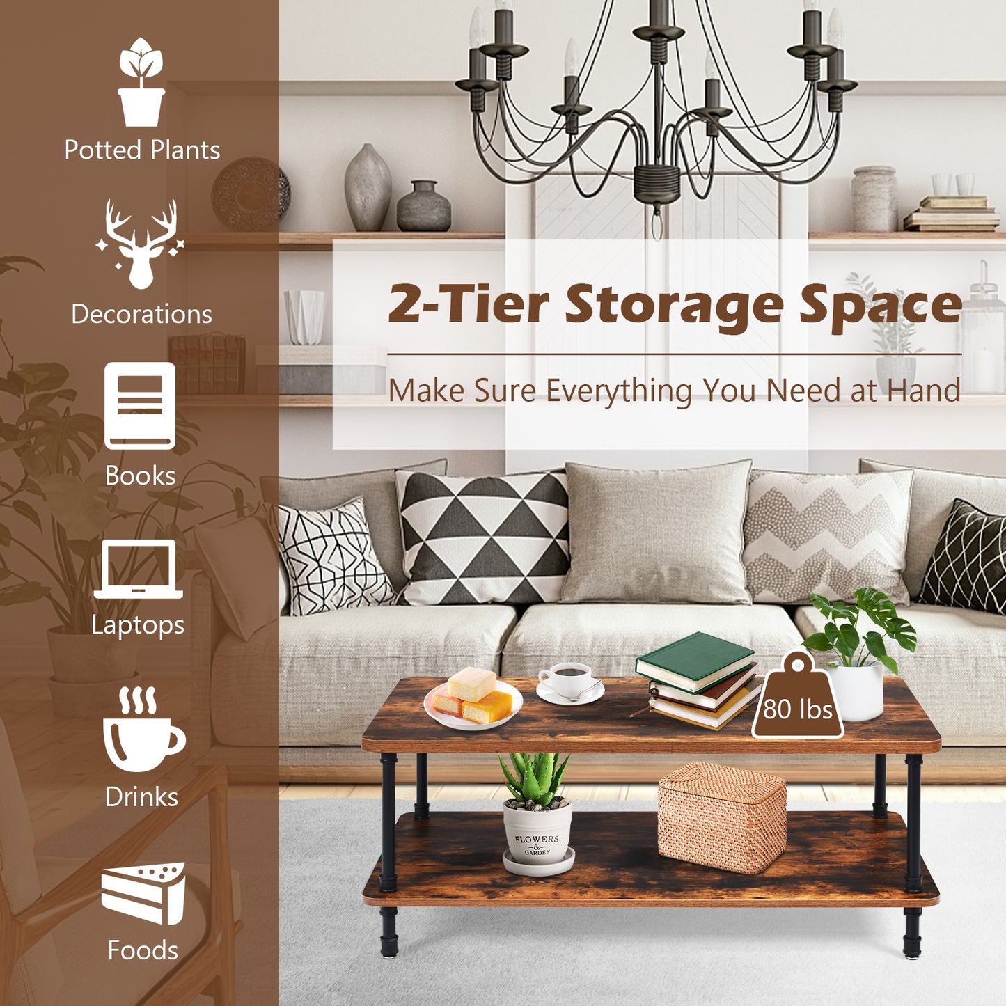 Vintage Style Coffee Table with Metal Frame and Two Storage Levels
