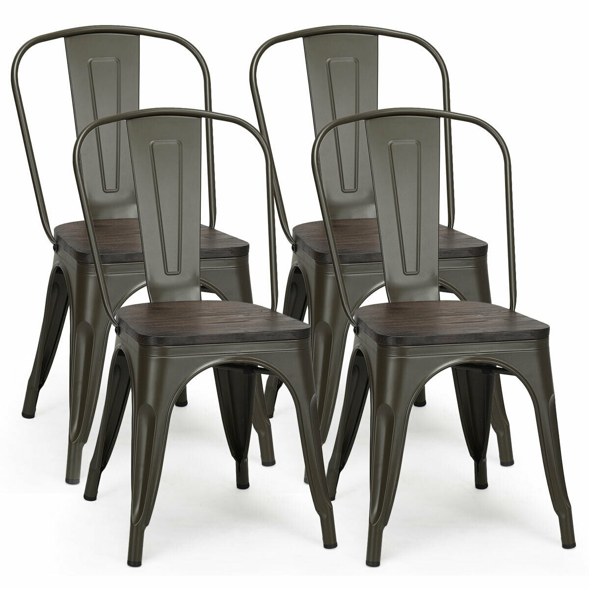 Set of 4 Industrial Metal Dining Chairs with Wood Seat - Gunmetal