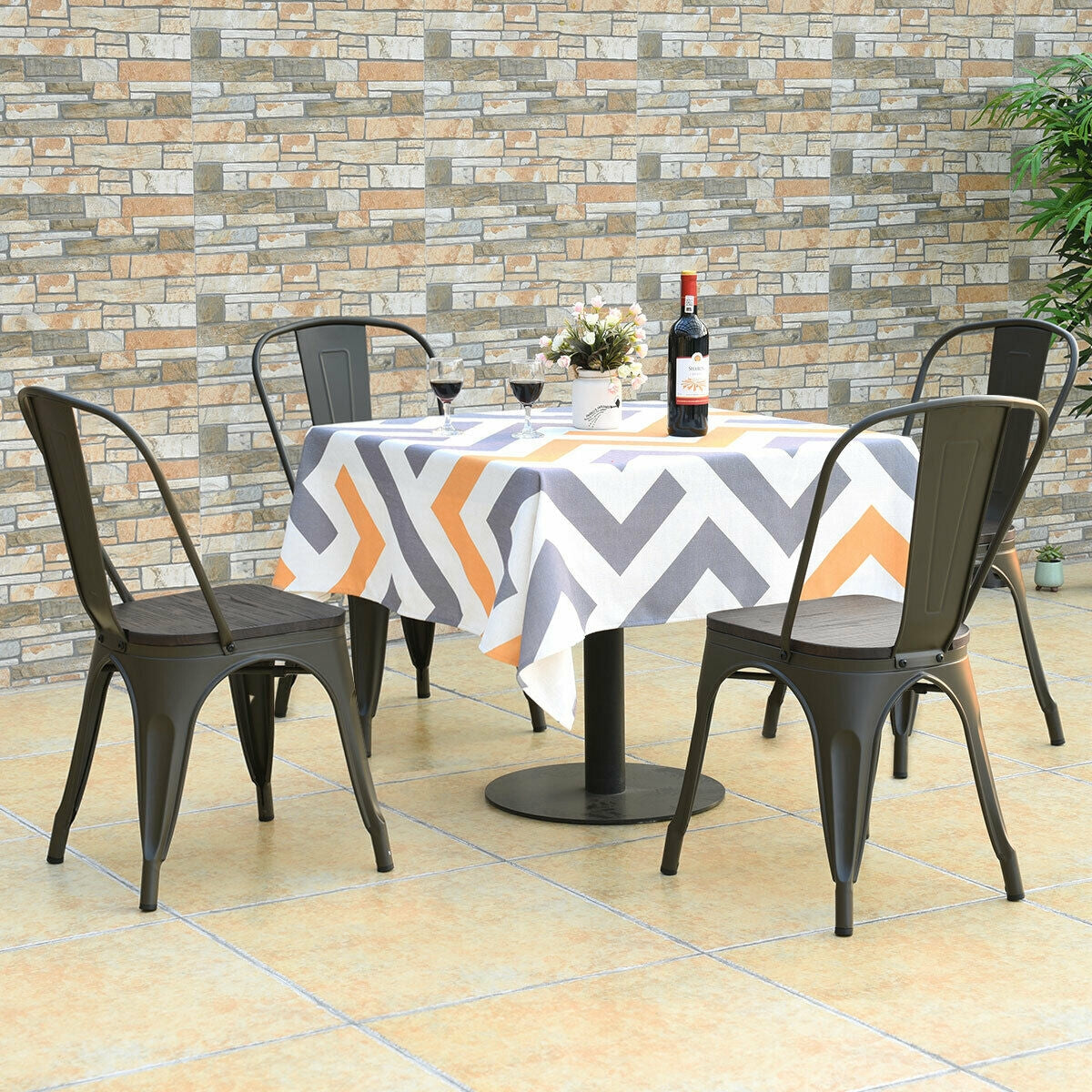Set of 4 Industrial Metal Dining Chairs with Wood Seat - Gunmetal