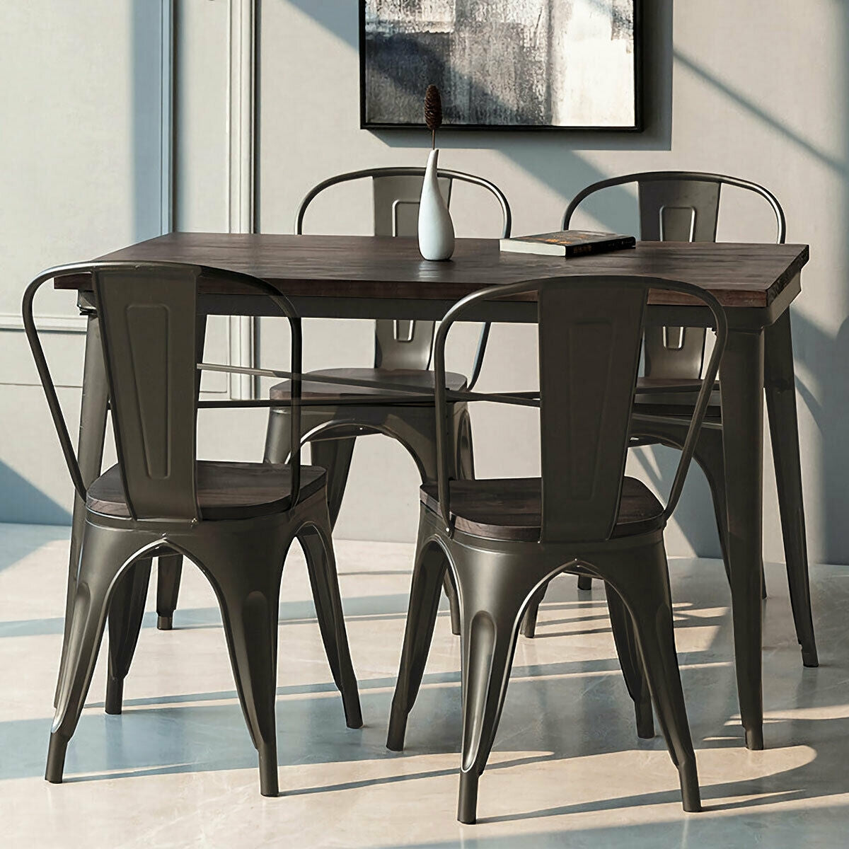Set of 4 Industrial Metal Dining Chairs with Wood Seat - Gunmetal