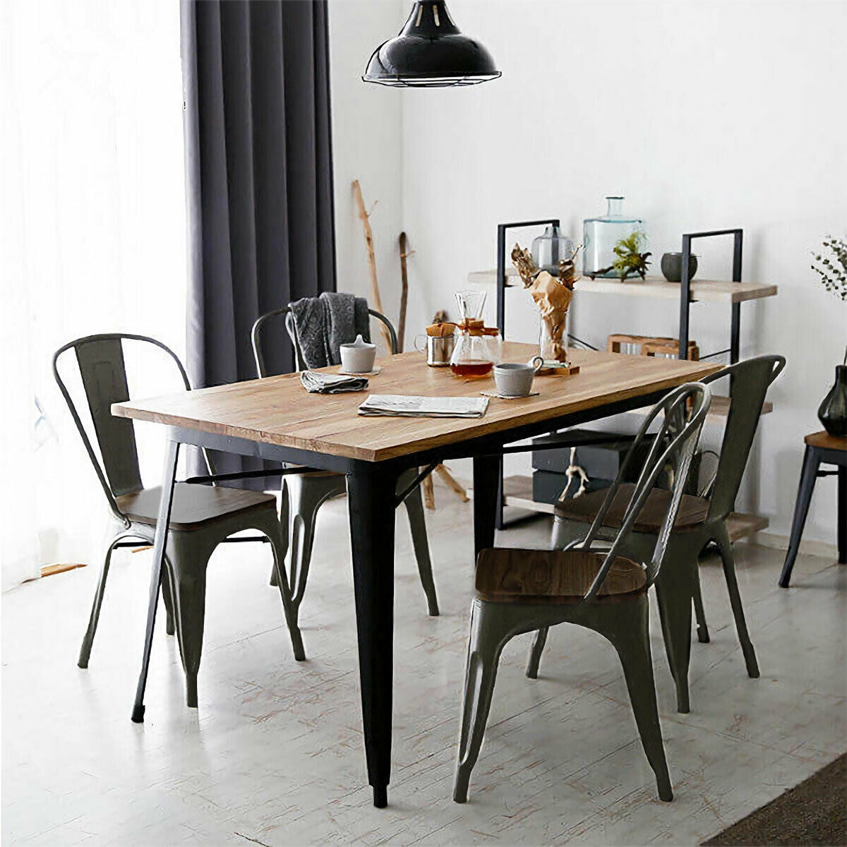 Set of 4 Industrial Metal Dining Chairs with Wood Seat - Gunmetal