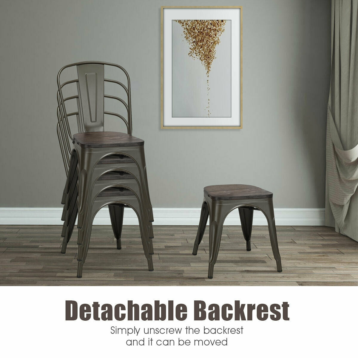 Set of 4 Industrial Metal Dining Chairs with Wood Seat - Gunmetal