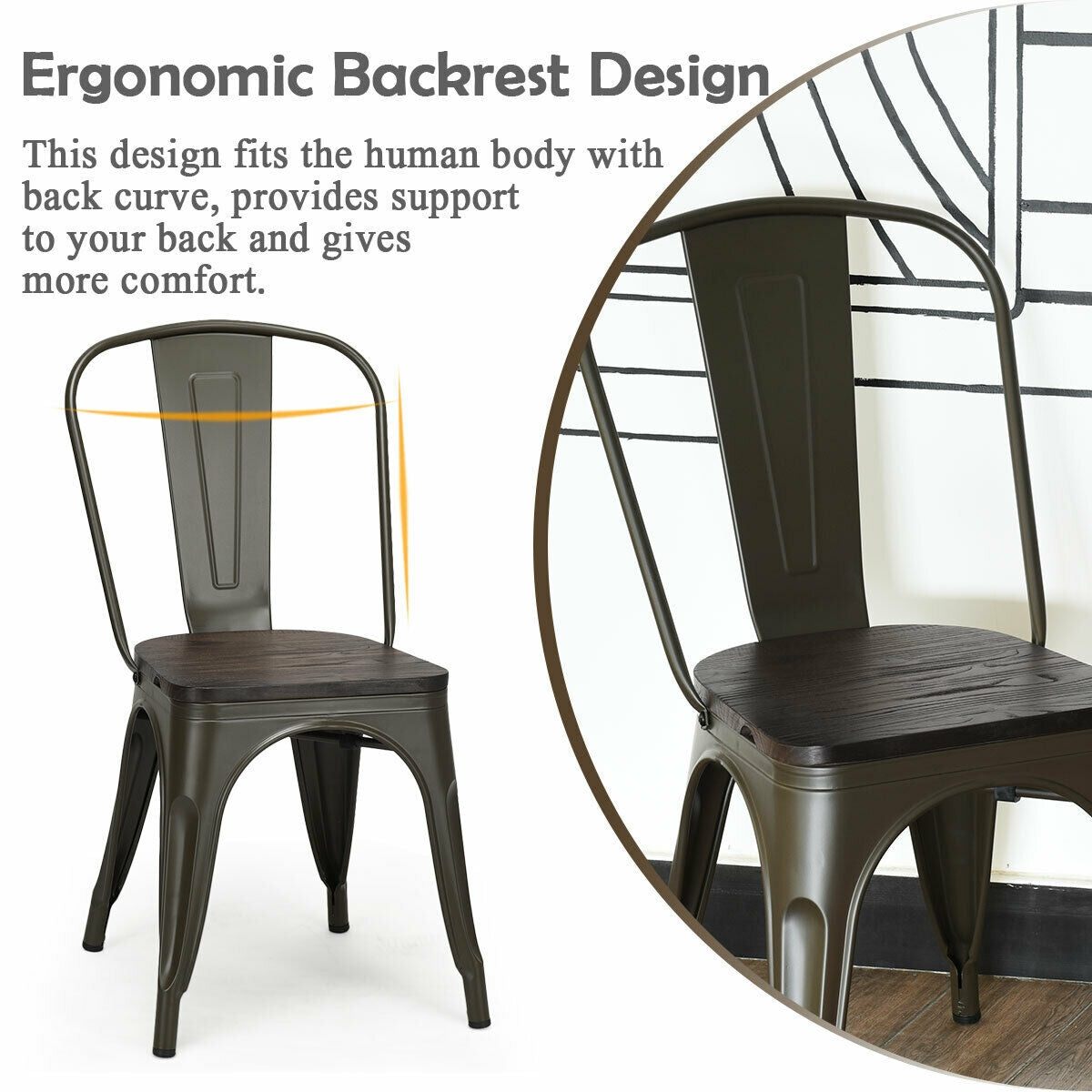 Set of 4 Industrial Metal Dining Chairs with Wood Seat - Gunmetal