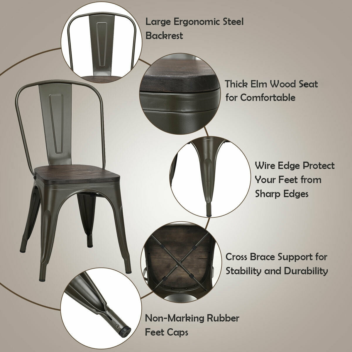 Set of 4 Industrial Metal Dining Chairs with Wood Seat - Gunmetal