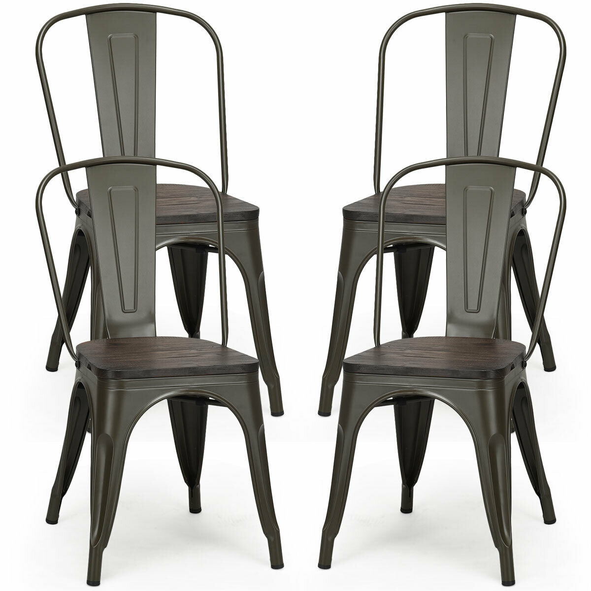 Set of 4 Industrial Metal Dining Chairs with Wood Seat - Gunmetal
