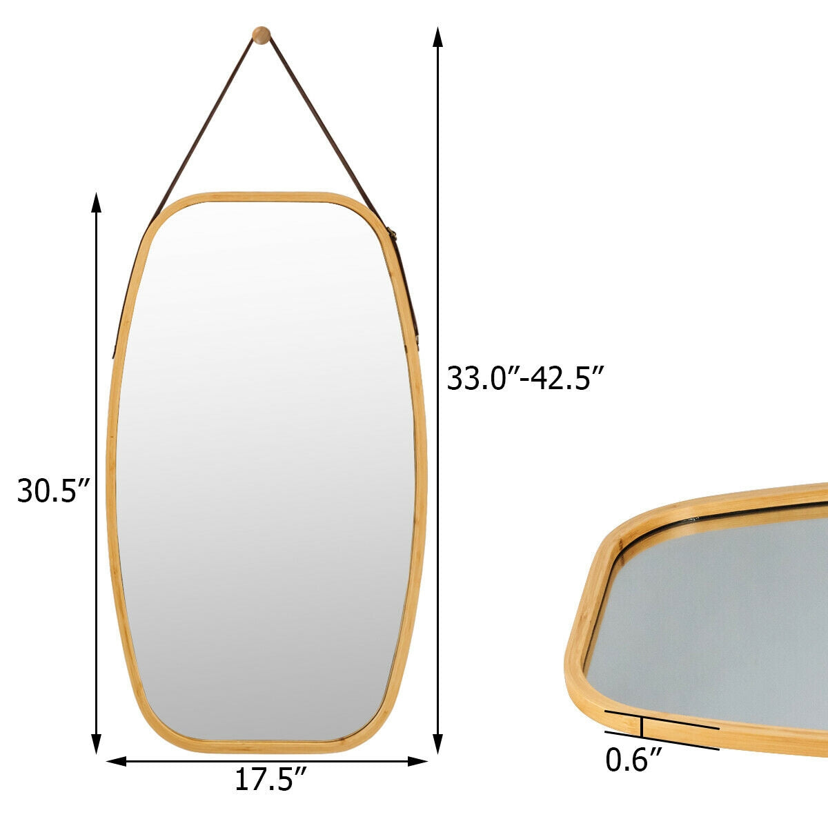 30 Inch Modern Bamboo Framed Wall Mirror with Adjustable Leather Strap