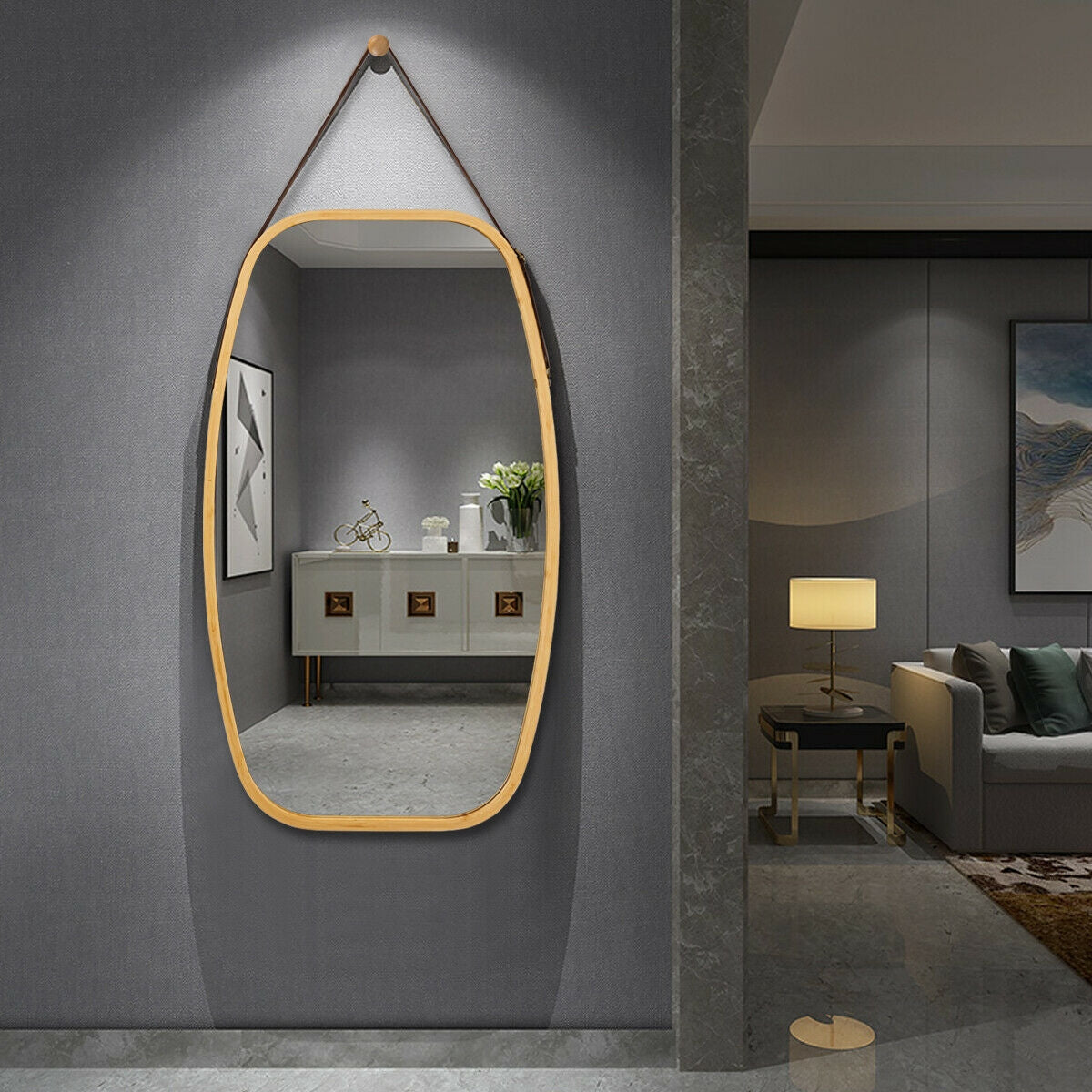 30 Inch Modern Bamboo Framed Wall Mirror with Adjustable Leather Strap