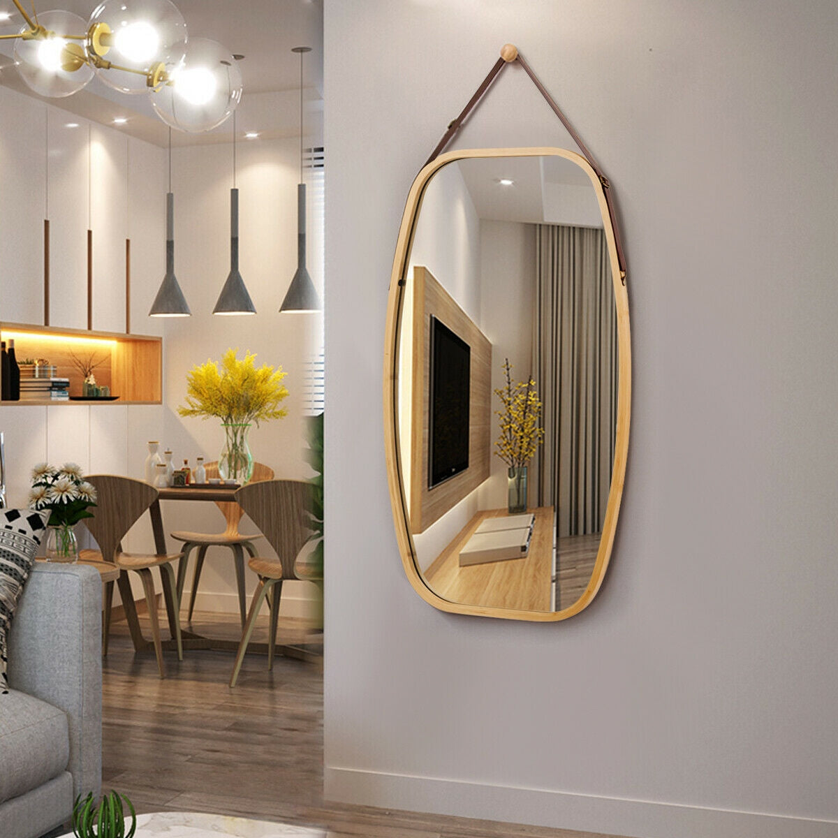 30 Inch Modern Bamboo Framed Wall Mirror with Adjustable Leather Strap