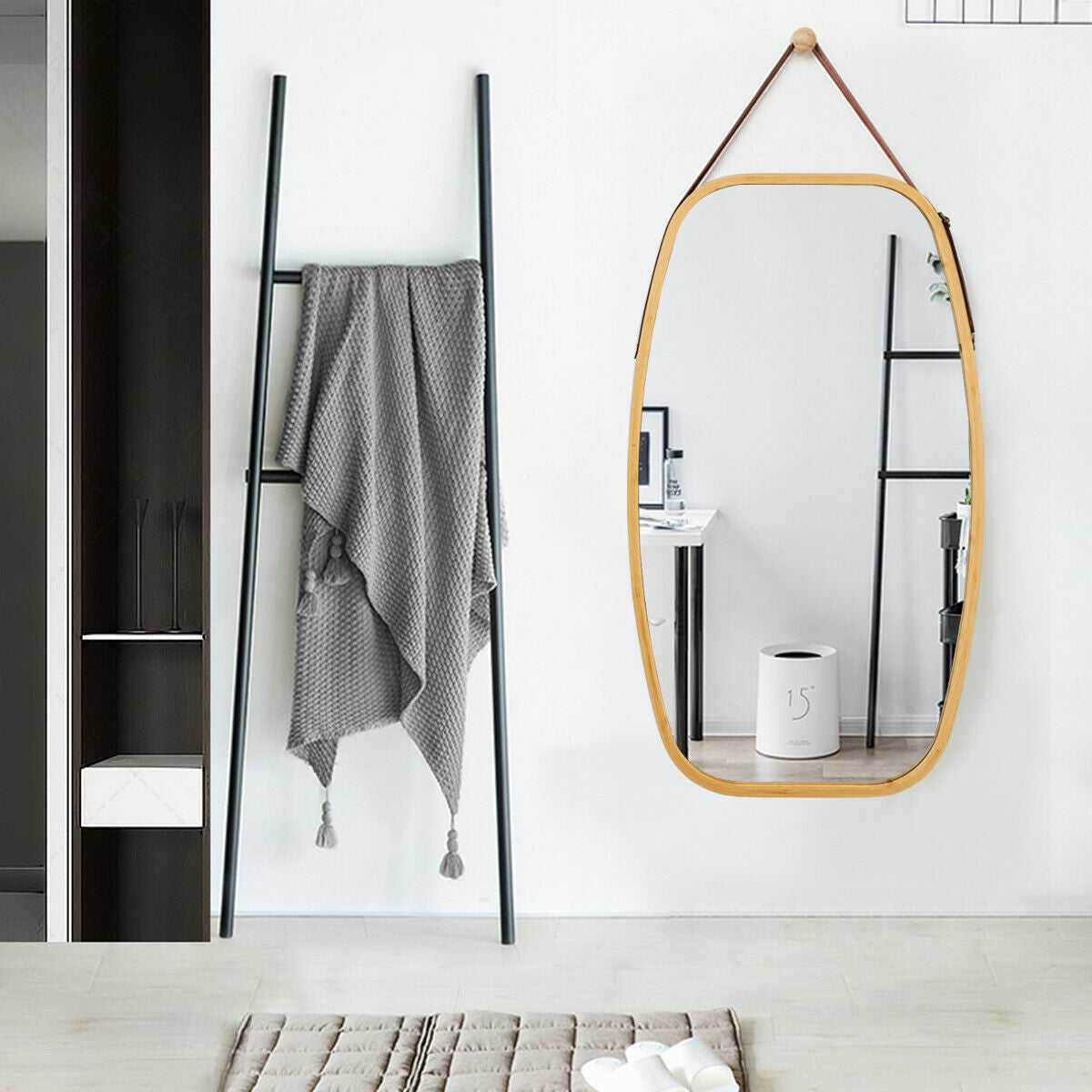 30 Inch Modern Bamboo Framed Wall Mirror with Adjustable Leather Strap