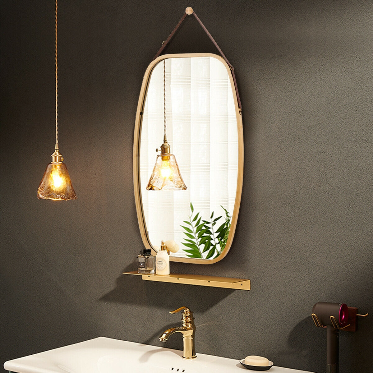 30 Inch Modern Bamboo Framed Wall Mirror with Adjustable Leather Strap