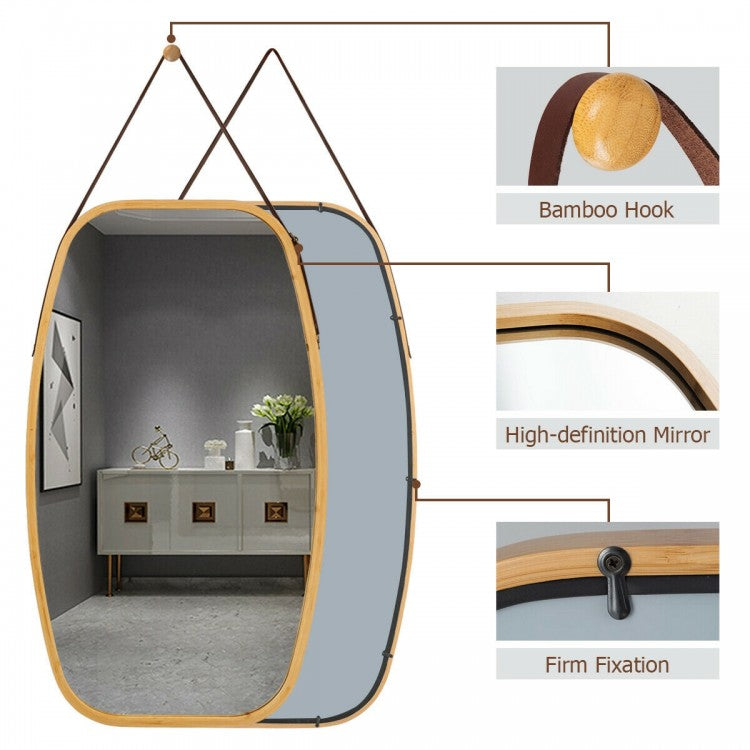 30 Inch Modern Bamboo Framed Wall Mirror with Adjustable Leather Strap