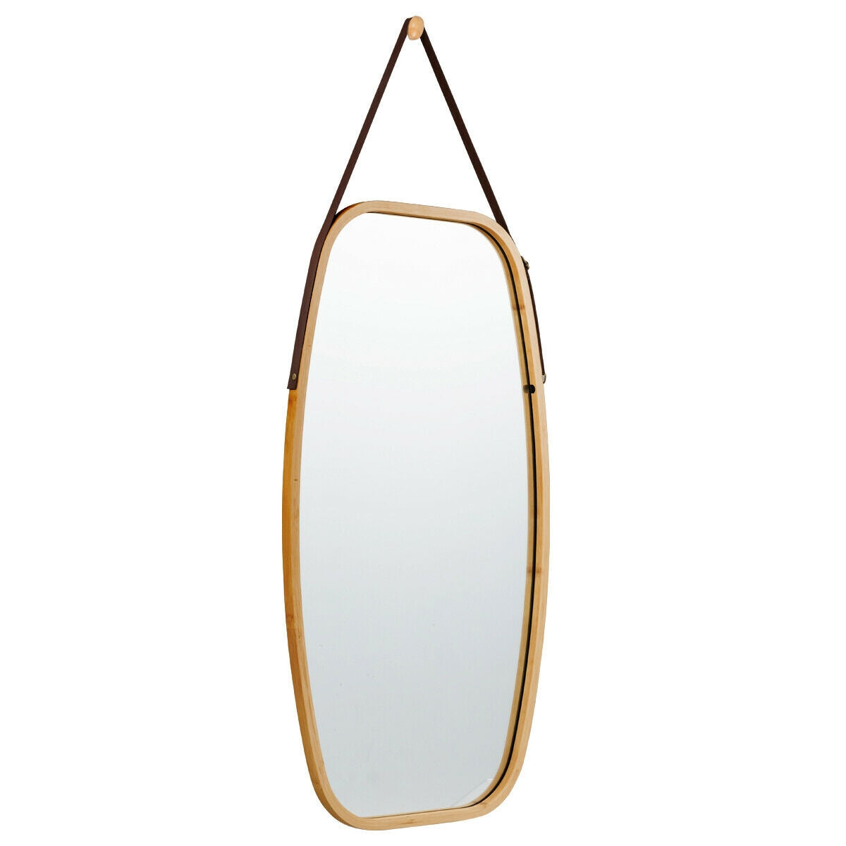 30 Inch Modern Bamboo Framed Wall Mirror with Adjustable Leather Strap