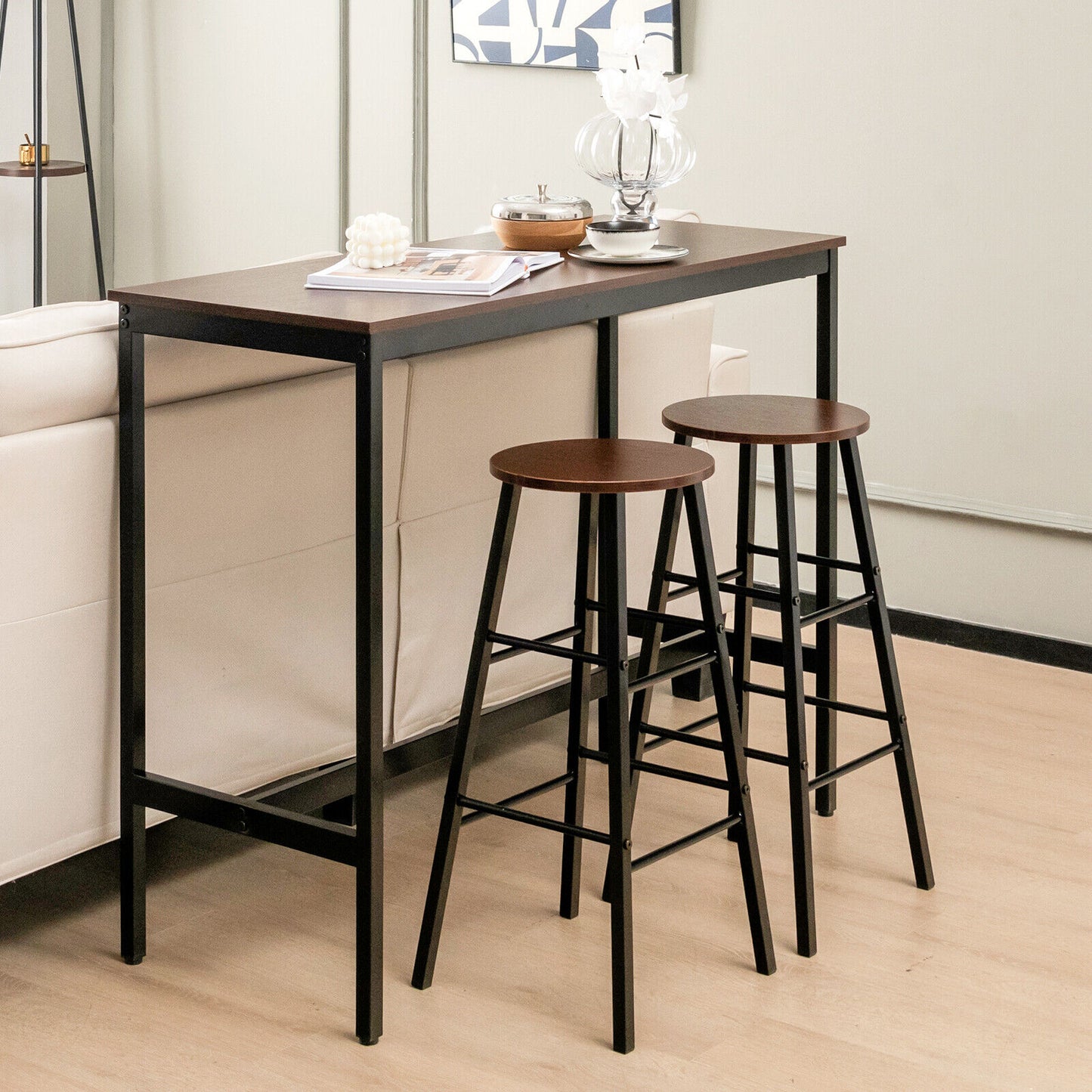 3 Piece Bar Height Dining Set with Table and 2 Stools for Kitchen or Apartment Use