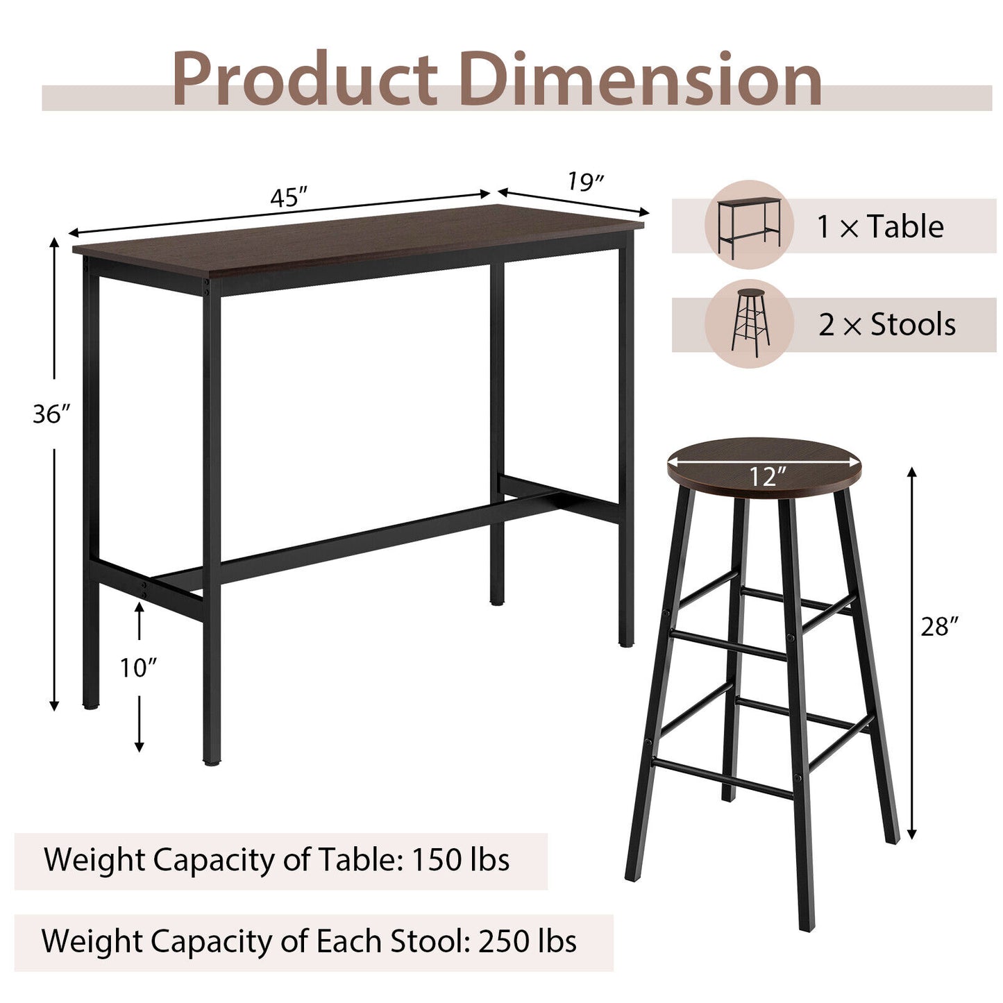 3 Piece Bar Height Dining Set with Table and 2 Stools for Kitchen or Apartment Use