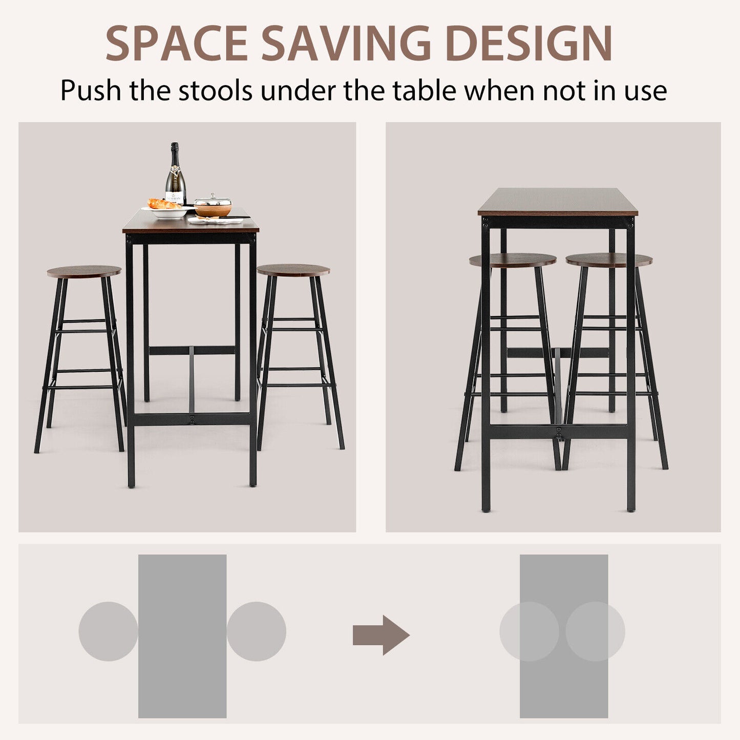 3 Piece Bar Height Dining Set with Table and 2 Stools for Kitchen or Apartment Use