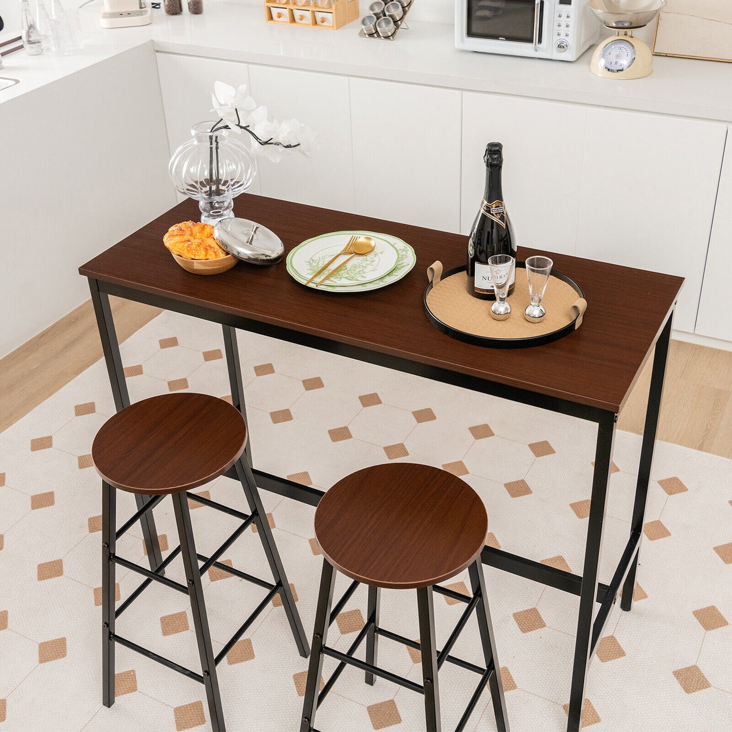 3 Piece Bar Height Dining Set with Table and 2 Stools for Kitchen or Apartment Use