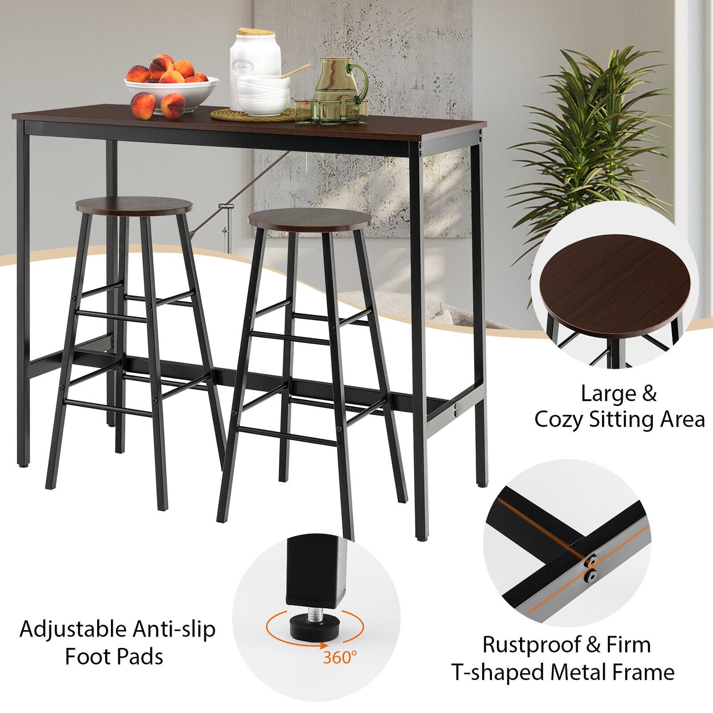 3 Piece Bar Height Dining Set with Table and 2 Stools for Kitchen or Apartment Use