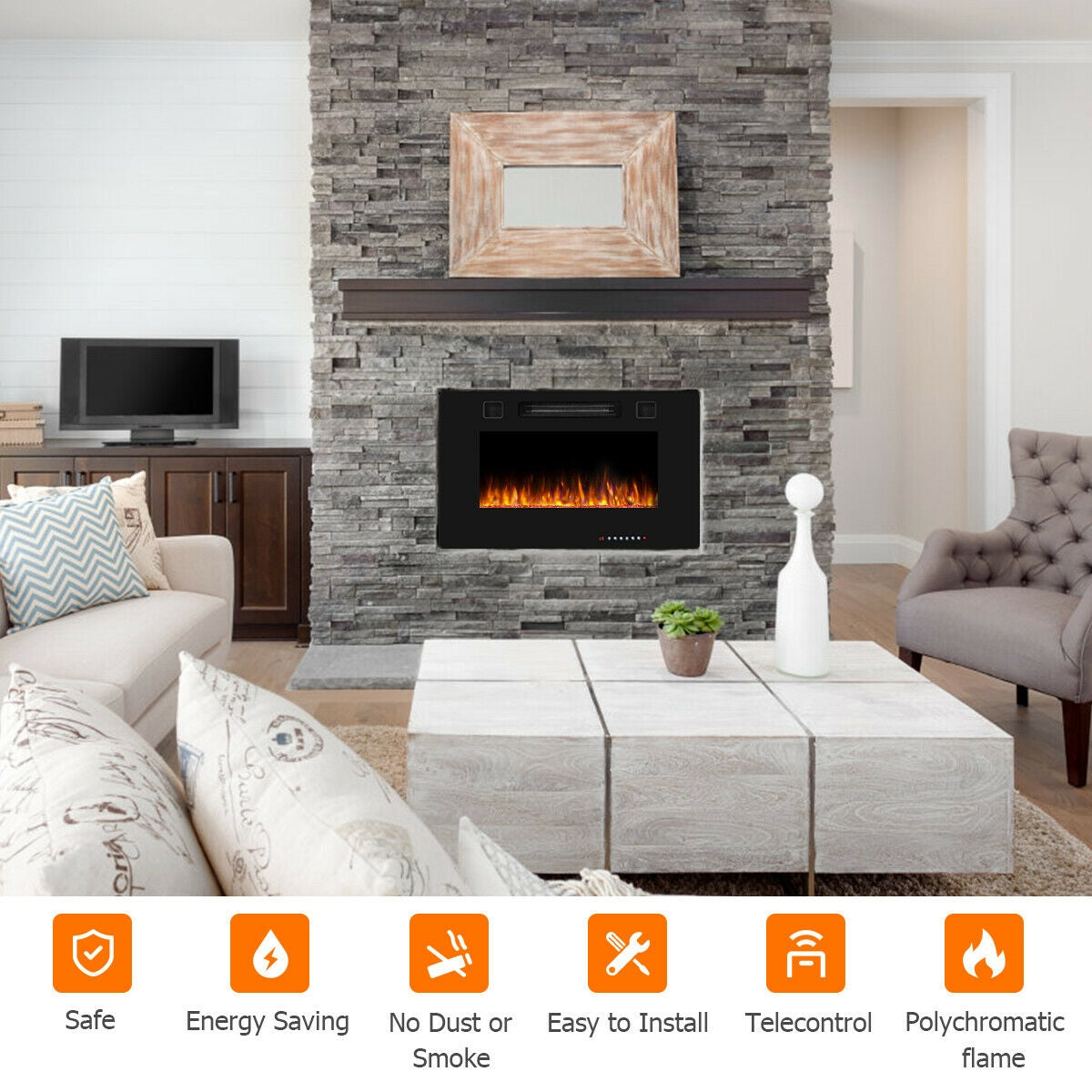 30 Inch Recessed Ultra Thin Electric Fireplace Heater with Tempered Glass Front