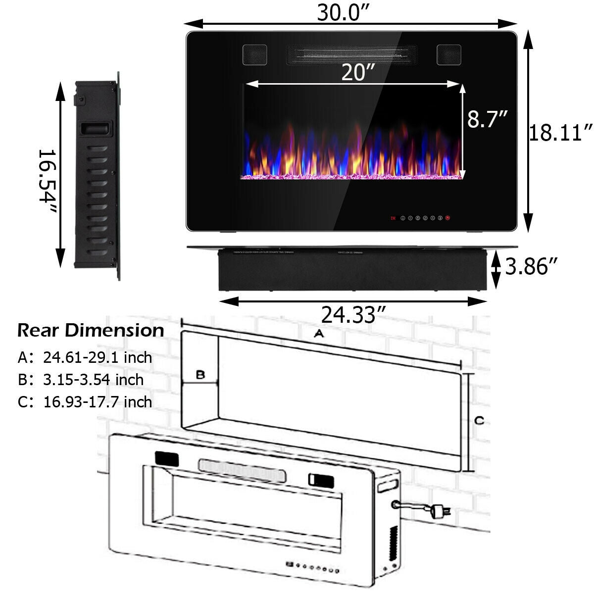30 Inch Recessed Ultra Thin Electric Fireplace Heater with Tempered Glass Front