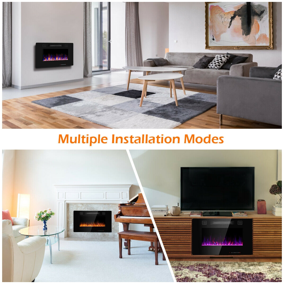30 Inch Recessed Ultra Thin Electric Fireplace Heater with Tempered Glass Front