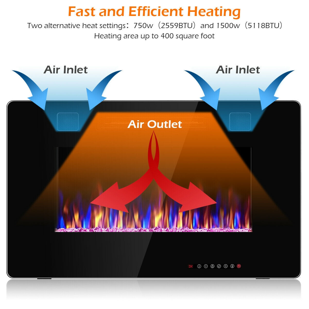 30 Inch Recessed Ultra Thin Electric Fireplace Heater with Tempered Glass Front