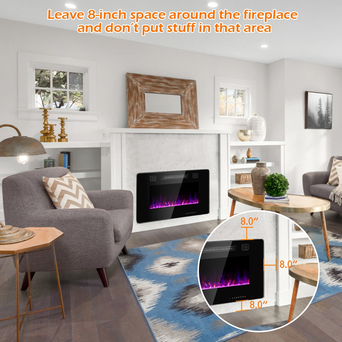 30 Inch Recessed Ultra Thin Electric Fireplace Heater with Tempered Glass Front