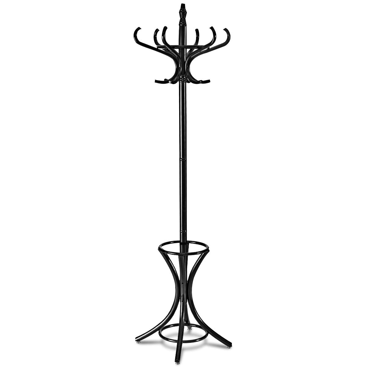 Wooden Standing Coat Rack with 12 Hooks and Umbrella Stand in Black