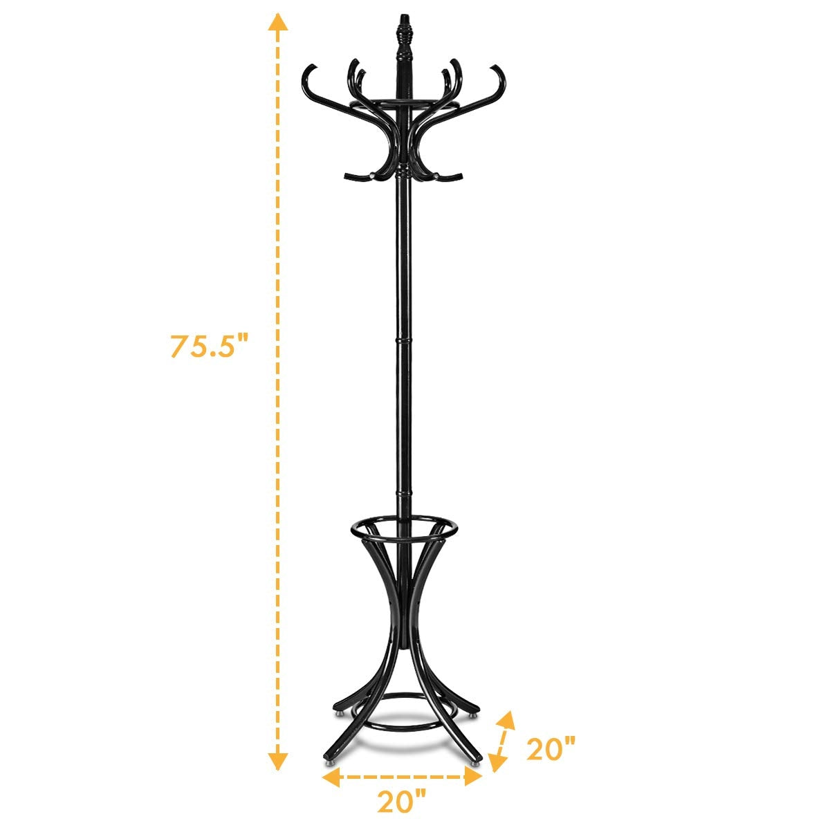 Wooden Standing Coat Rack with 12 Hooks and Umbrella Stand in Black