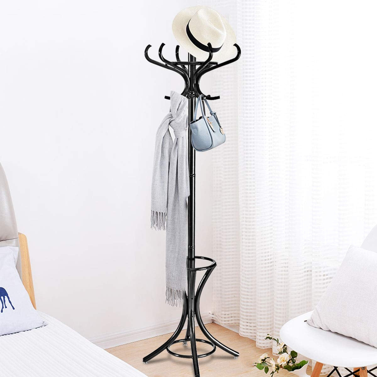 Wooden Standing Coat Rack with 12 Hooks and Umbrella Stand in Black