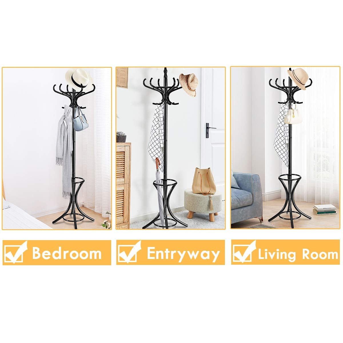 Wooden Standing Coat Rack with 12 Hooks and Umbrella Stand in Black