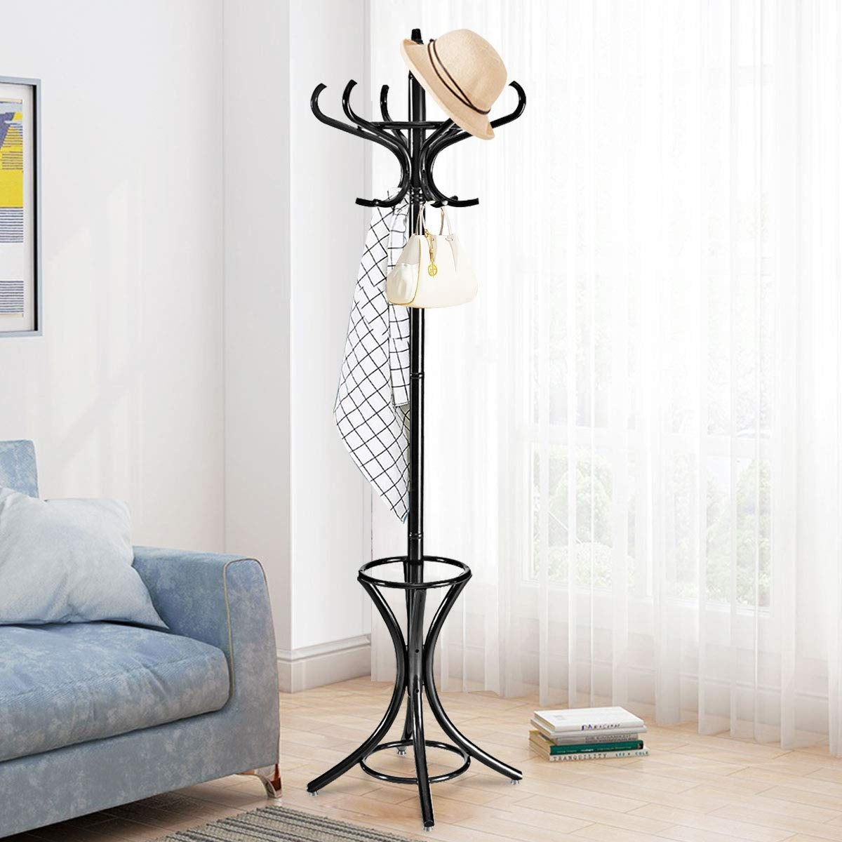 Wooden Standing Coat Rack with 12 Hooks and Umbrella Stand in Black