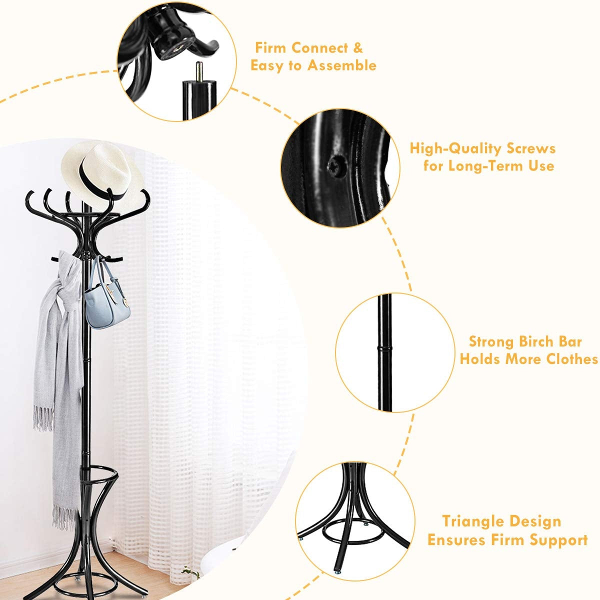 Wooden Standing Coat Rack with 12 Hooks and Umbrella Stand in Black