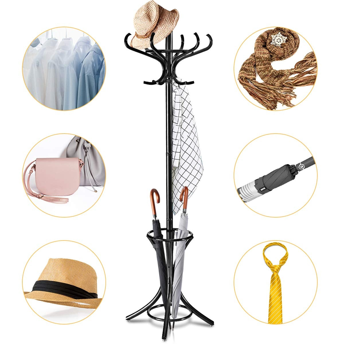 Wooden Standing Coat Rack with 12 Hooks and Umbrella Stand in Black