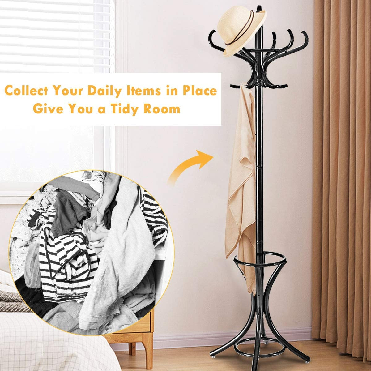 Wooden Standing Coat Rack with 12 Hooks and Umbrella Stand in Black