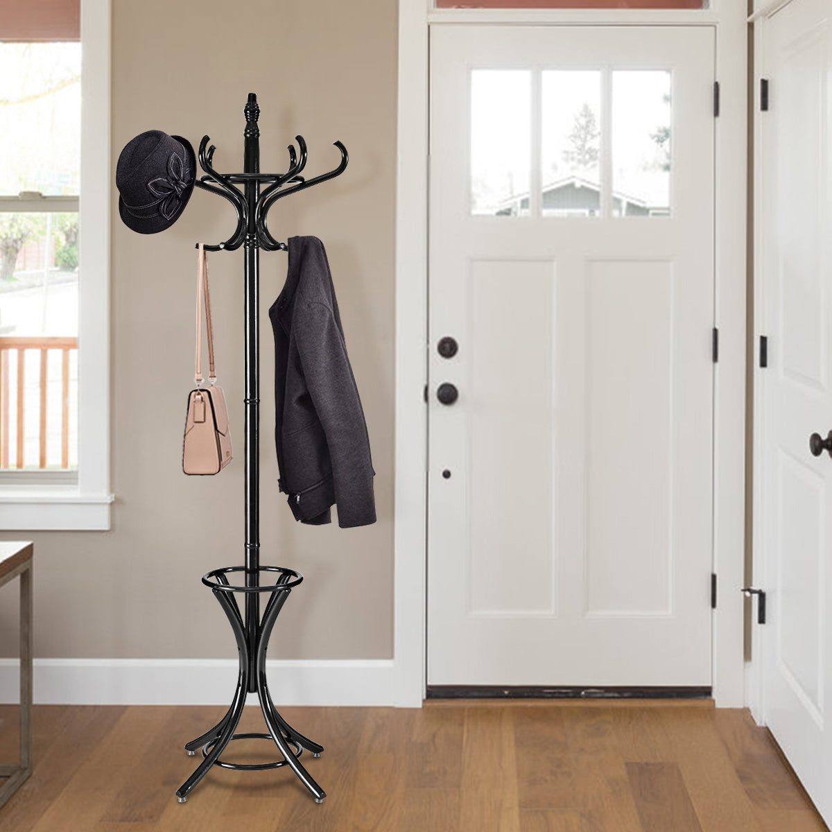 Wooden Standing Coat Rack with 12 Hooks and Umbrella Stand in Black