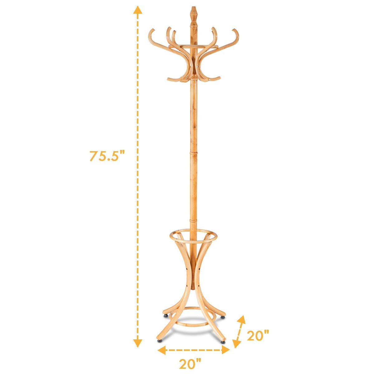 Wooden Standing Coat Rack with 12 Hooks and Umbrella Stand in Natural