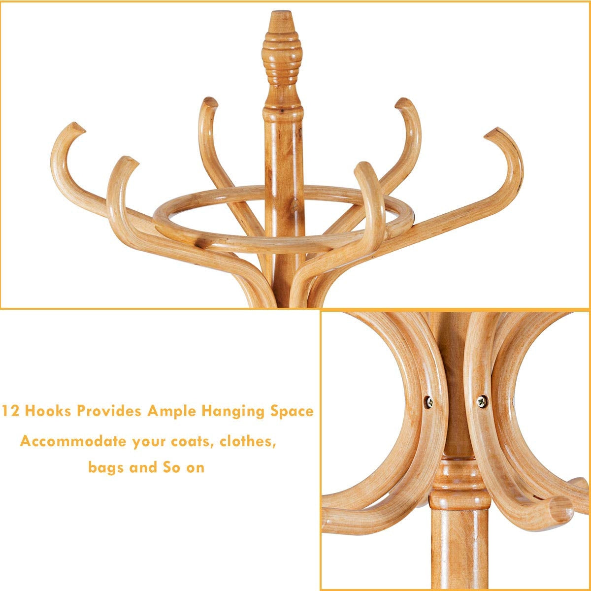 Wooden Standing Coat Rack with 12 Hooks and Umbrella Stand in Natural